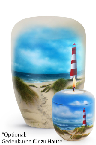 Naturstoffurne Airbrush-Motiv Inselstrand mit Leuchtturm