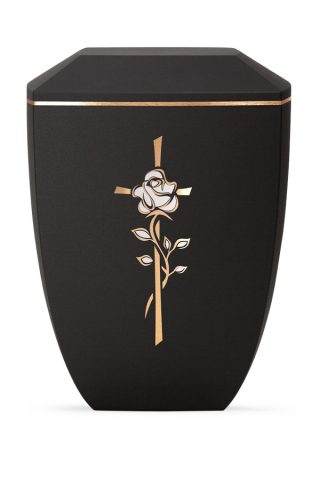 Urne Facette Schwarz Dekor Kreuz mit Rose