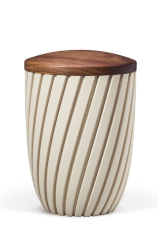Urne Curwave Beige Rillen mit Holzdeckel Nussbaum
