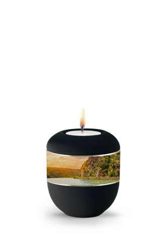 Andenken Urne schwarz Band aus Pflanzenfasern Loreleyfelsen Motiv mit Teelicht