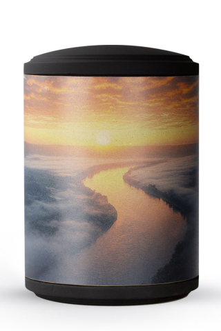 Seeurne zylindrisch Morgenstrom Motiv auf Pflanzenfaser