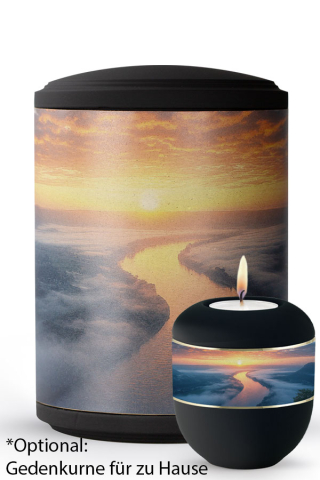 Seeurne zylindrisch Morgenstrom Motiv auf Pflanzenfaser