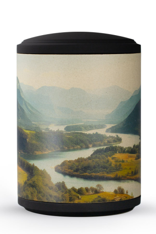 Seeurne zylindrisch Quelltal Motiv auf Pflanzenfaser