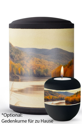 Seeurne zylindrisch Herbstufer Motiv auf Pflanzenfaser