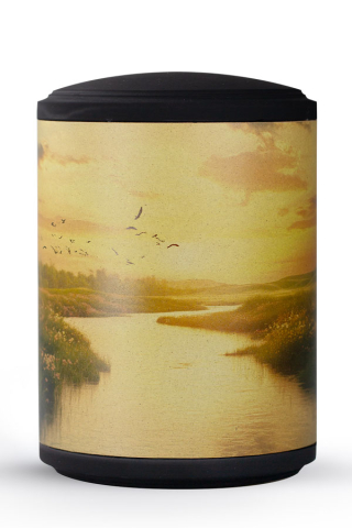 Seeurne zylindrisch Abendfluss Motiv auf Pflanzenfaser