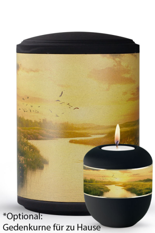 Seeurne zylindrisch Abendfluss Motiv auf Pflanzenfaser