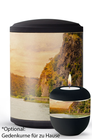 Seeurne zylindrisch Loreleyfelsen Motiv auf Pflanzenfaser