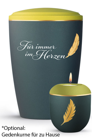 Urne Plumea Petrol und hellgr�n goldene Text-Feder