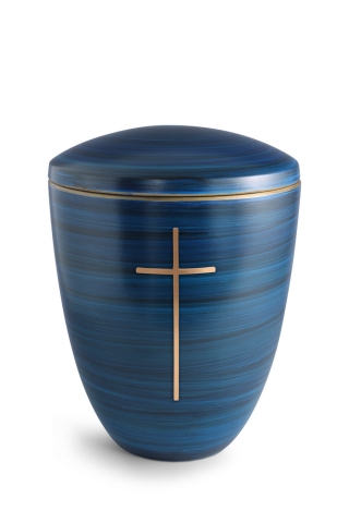 Keramikurne Pazifikblau von Hand bemalt mit mattiertem Kreuz