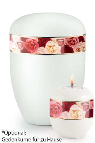 Naturstoffurne umlaufendes Zierband Rosen, wei satiniert