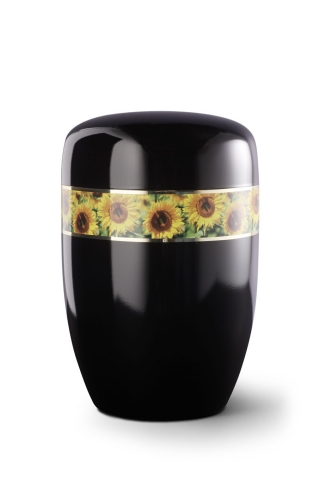 Stahlurne umlaufendes Zierband Sonnenblumen, schwarzer Klavierlack
