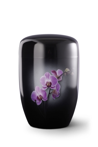 Stahlurne schwarzer Klavierlack, Motiv Orchidee