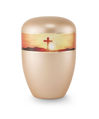 Bio Urne gold apricot Perlmutt Motiv Kreuz im Sonnenuntergang
