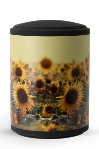 FriedWald Urne zylindrisch schwarz Motiv Sonnenblume auf Pflanzenfaser
