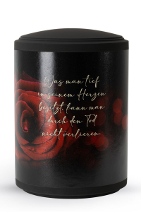 FriedWald Urne zylindrisch Motiv rote Rosen Text auf Pflanzenfaser
