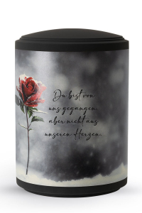 FriedWald Urne zylindrisch Motiv Rose im Schnee Text auf Pflanzenfaser