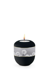 Mini Urne schwarz Band aus Pflanzenfasern Pusteblumen Motiv mit Teelicht