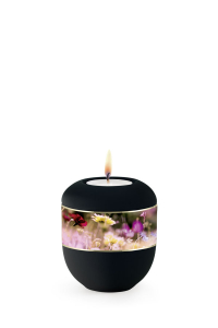 Mini Urne schwarz Band aus Pflanzenfasern Blumenwiese Motiv mit Teelicht
