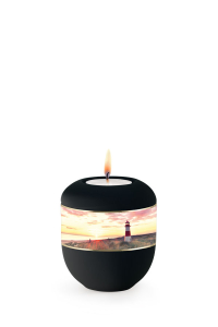 Mini Urne schwarz Band aus Pflanzenfasern Leuchtturm Motiv mit Teelicht