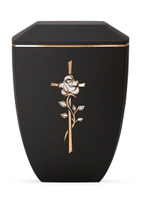 Urne Facette Schwarz Dekor Kreuz mit Rose