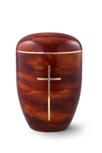 Urnen im online Shop: Naturstoffurne, Oberfläche Rosenholz, mit Messingemblem Kreuz sofort verfügbar.