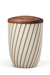 Urne Curwave Beige Rillen mit Holzdeckel Nussbaum