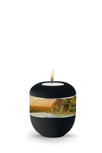 Andenken Urne schwarz Band aus Pflanzenfasern Loreleyfelsen Motiv mit Teelicht