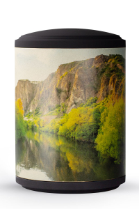 Seeurne zylindrisch Felsenufer Motiv auf Pflanzenfaser