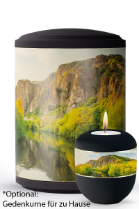 Seeurne zylindrisch Felsenufer Motiv auf Pflanzenfaser