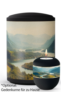 Seeurne zylindrisch Quelltal Motiv auf Pflanzenfaser