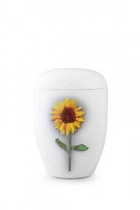 Urnen im online Shop: Weie Urne Klavierlack Sonnenblume sofort verfgbar.