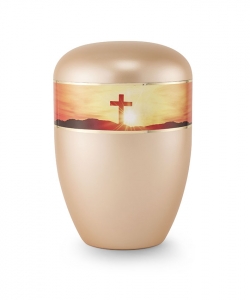 Urnen im online Shop: Urne gold apricot Perlmutt Motiv Kreuz im Sonnenuntergang sofort verfgbar.