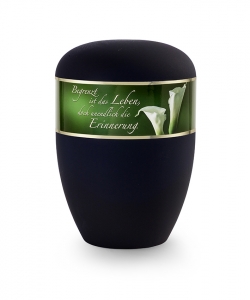 Urnen im online Shop: Urne schwarz matt Dekor Callas mit Text sofort verfügbar.