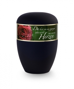 Urnen im online Shop: Urne schwarz matt Dekor rote Rose mit Text sofort verfügbar.