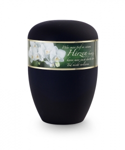 Urnen im online Shop: Urne schwarz matt Dekor weiße Orchidee mit Text sofort verfügbar.